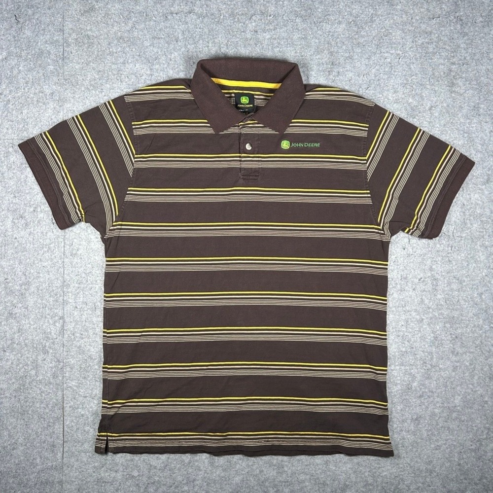 John Deere Polo Shirt Mens Large Brown Striped Short Sleeve Workwear Casual